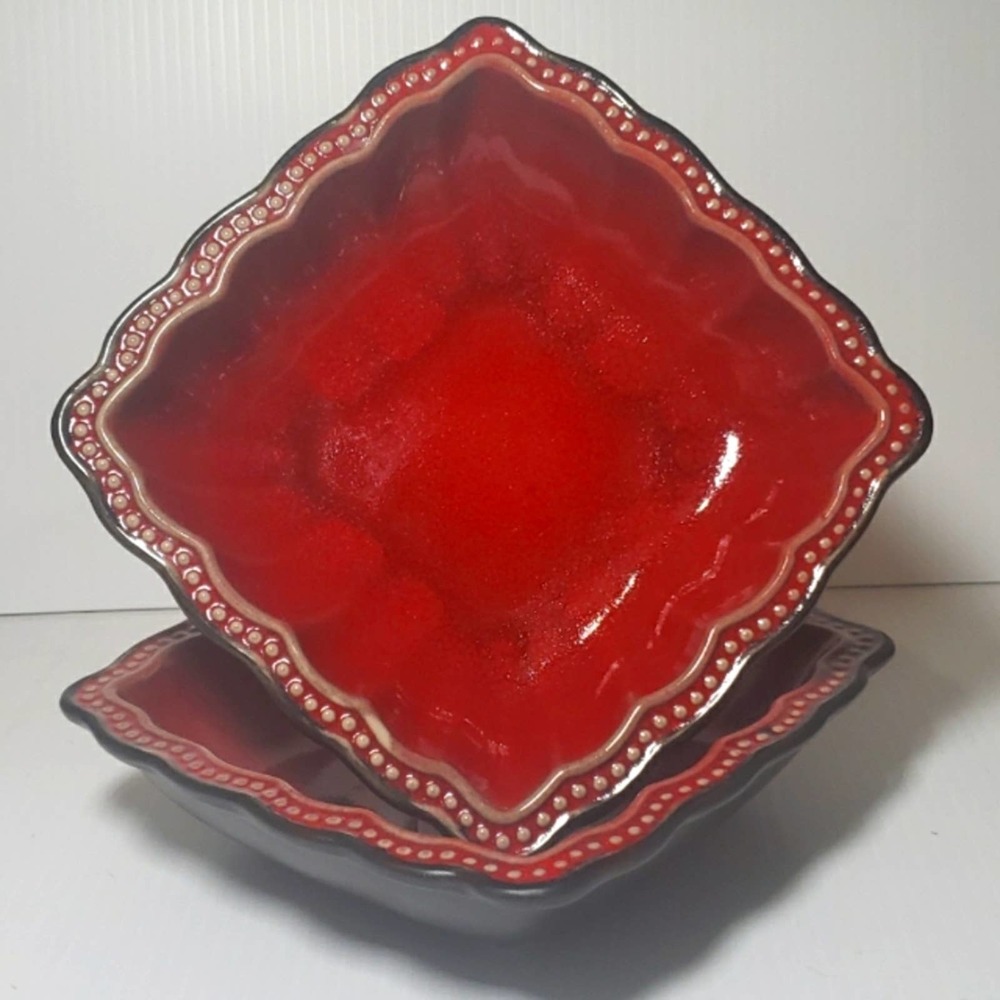 2 Roscher Hobnail Red Square Bowls 7.5"